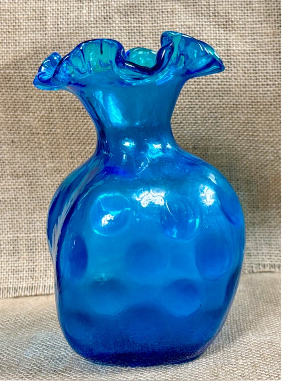 Bright Blue Handblown Glass Thumbprint Vase with Ruffle Rim Coastal Retro
